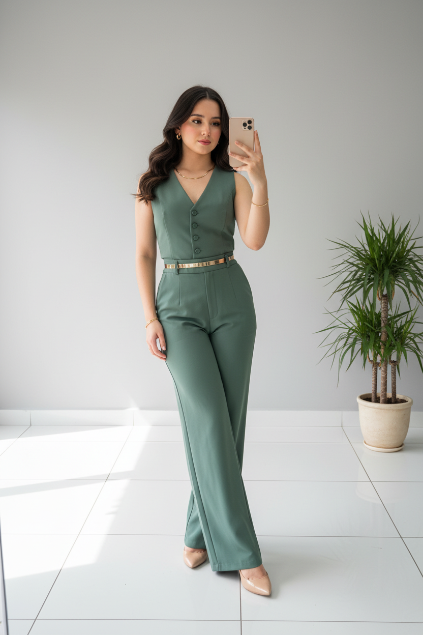 Conjunto Dos Piezas Verde Sage Chaleco con Botones y Pantalón Palazzo cod.533