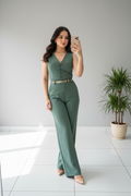 Conjunto Dos Piezas Verde Sage Chaleco con Botones y Pantalón Palazzo cod.533