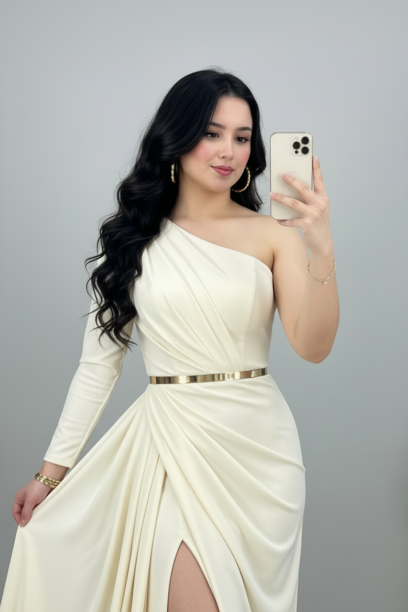Vestido Marfil Largo Un Hombro Manga Larga con Cinturón Dorado, Abertura y Perlas cod.492