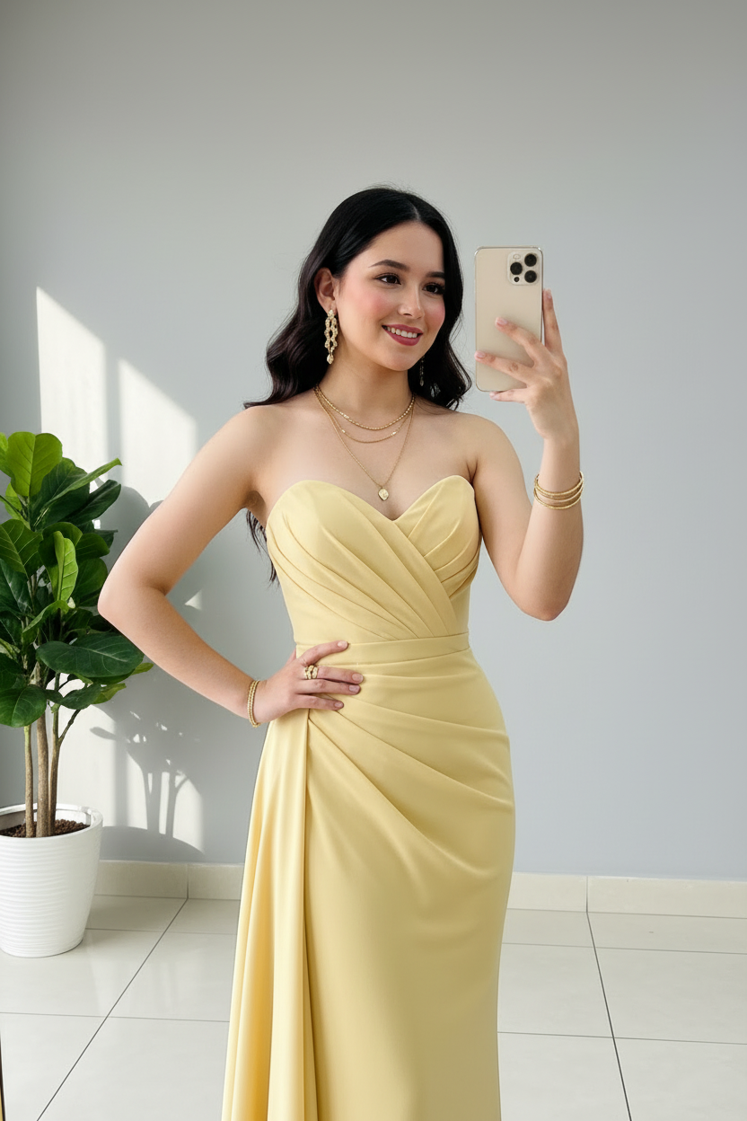 Vestido Amarillo Pastel Strapless con Drapeado Cruzado y Abertura Lateral cod.372