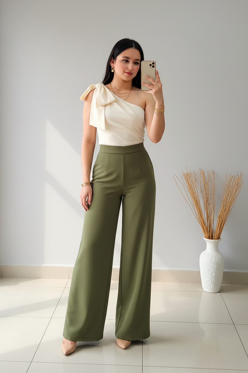 Conjunto Top Un Hombro con Lazo Crema y Palazzo Verde Oliva cod.C549