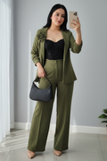 Conjunto 3 Piezas Verde Militar Blazer Rosa 3D Corset Negro y Palazzo cod.740