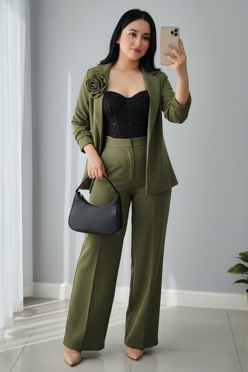 Conjunto 3 Piezas Verde Militar Blazer Rosa 3D Corset Negro y Palazzo cod.740