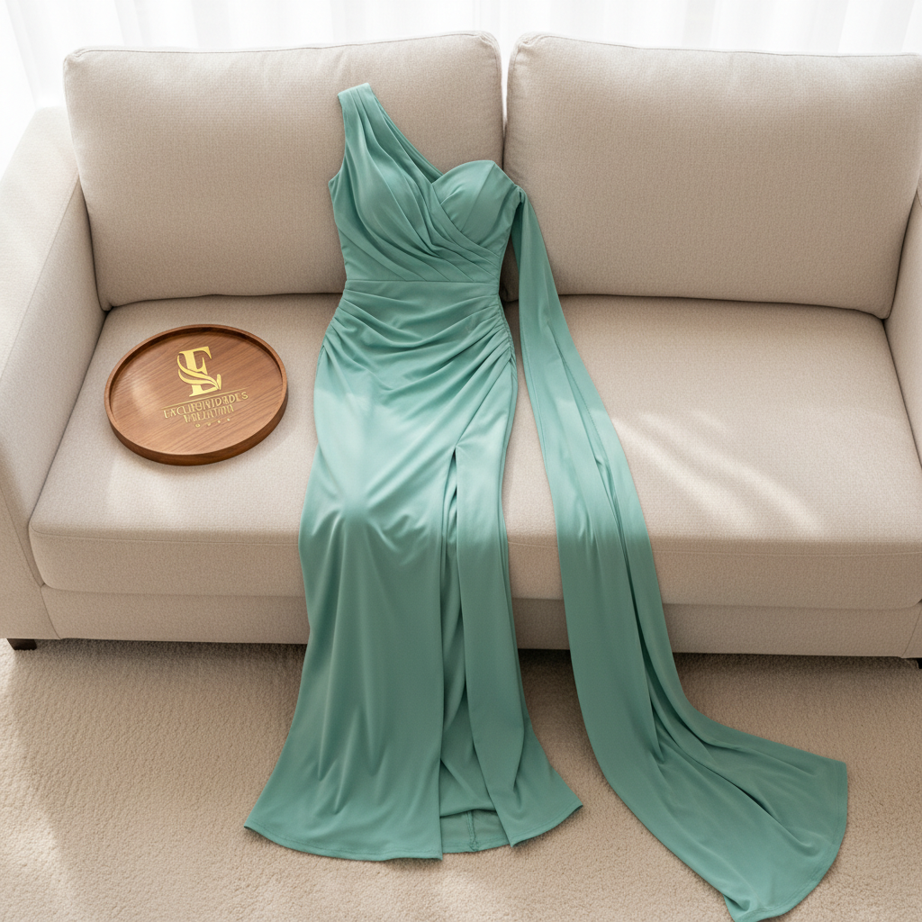 Vestido de Gala Verde Agua One Shoulder con Capa Drapeada y Abertura Lateral - Sirena Largo cod.367