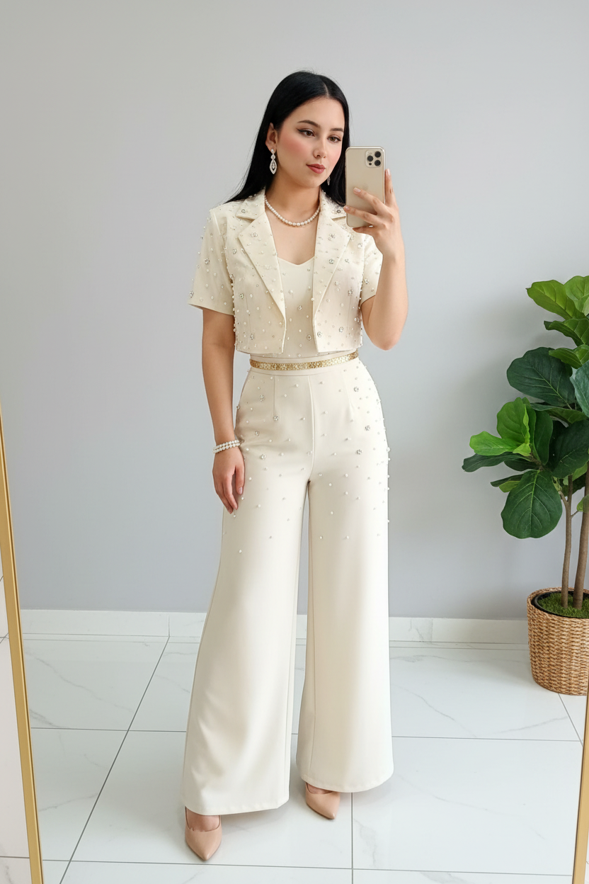 Conjunto Crema Blazer Corto con Perlas y Pantalón cod.641