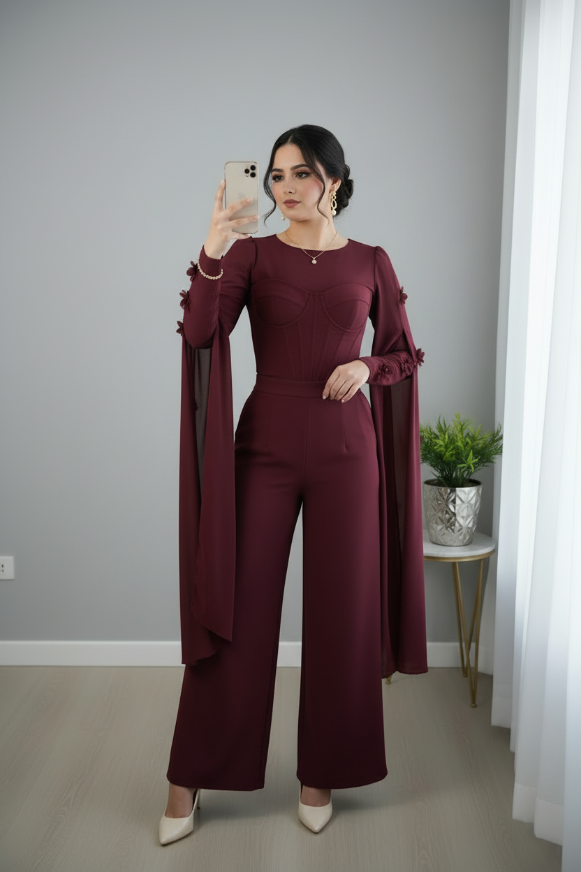 Enterizo Vino Manga Capa con Rosas 3D Exclusivo cod.800