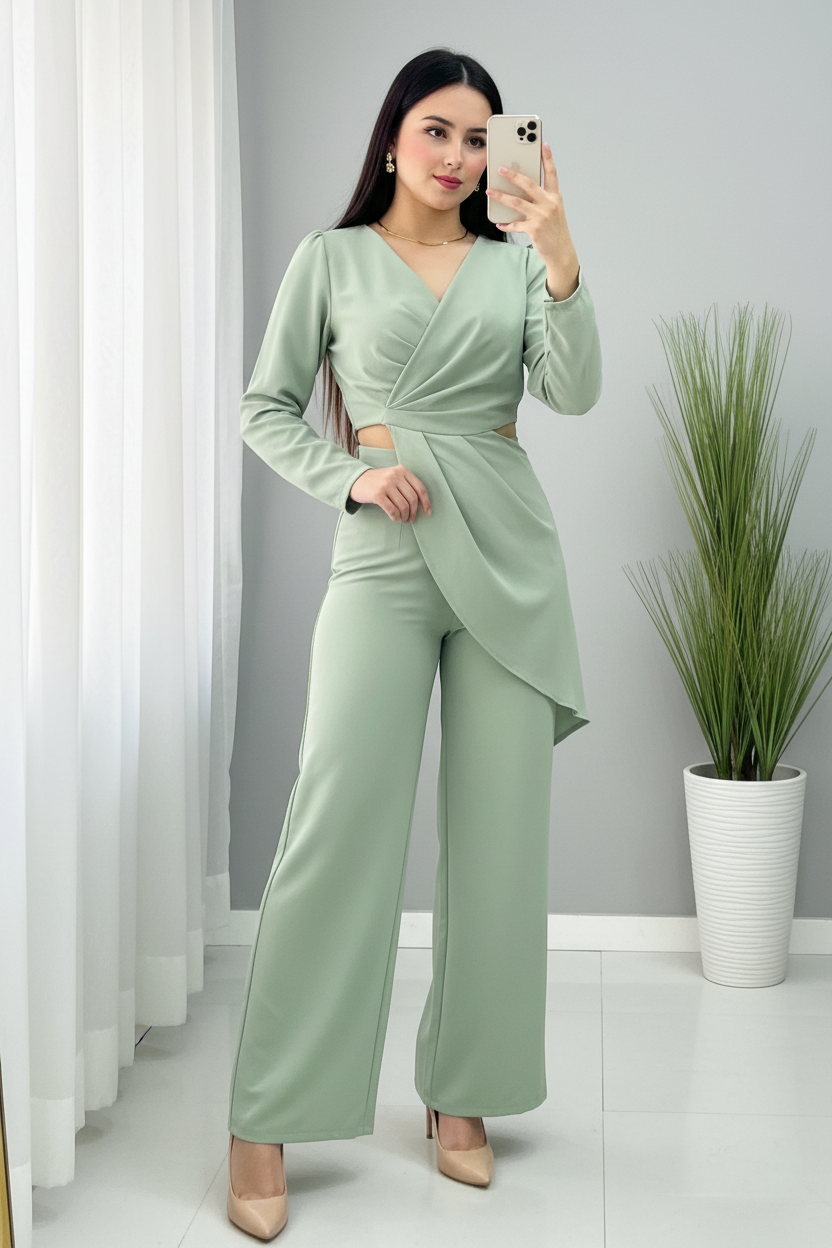 Conjunto Verde Salvia — Top Cruzado & Palazzo cod.0030