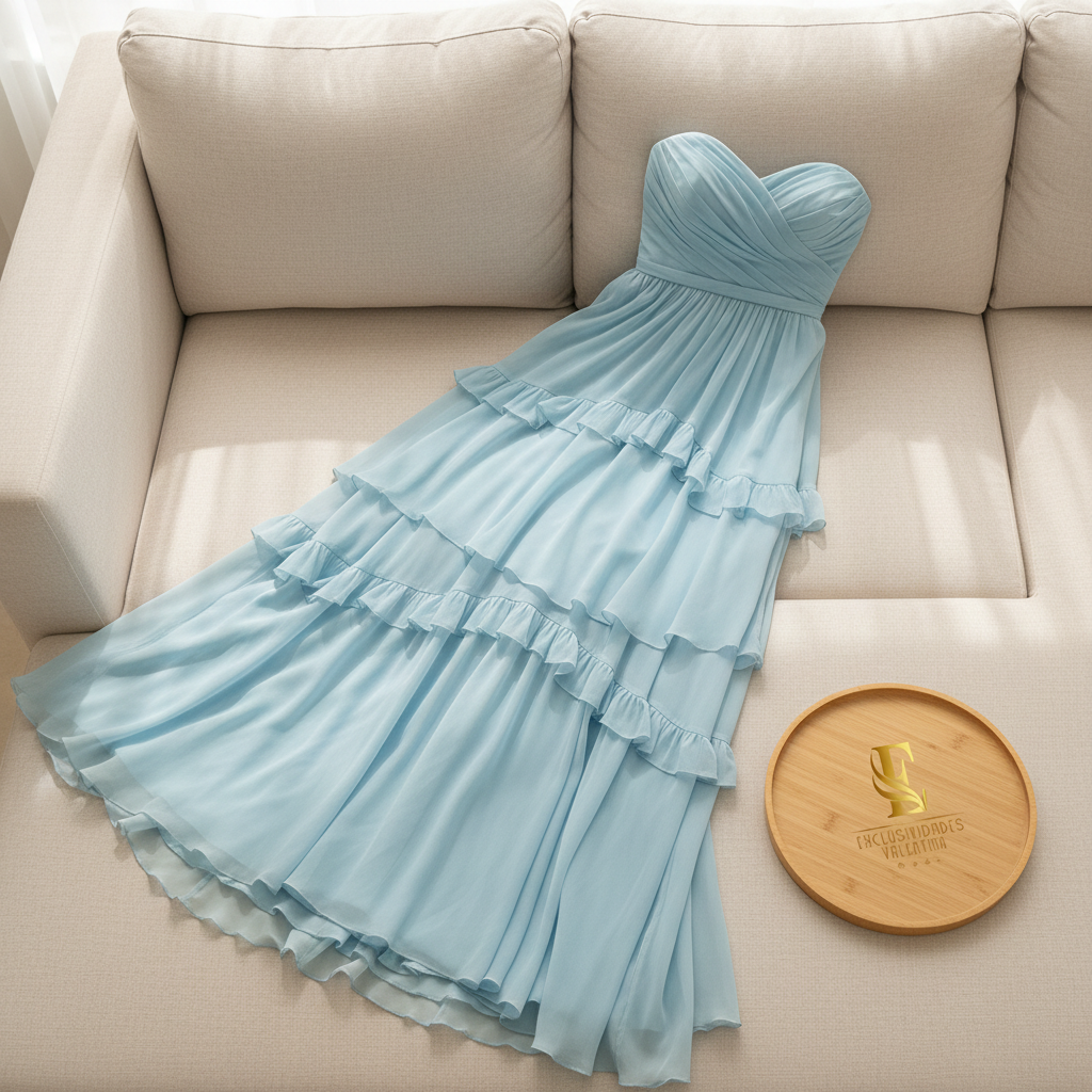 Vestido de Gala Azul Celeste Strapless con Volantes en Capas - Elegante Largo cod.355