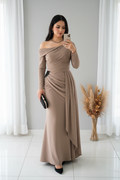 Vestido Taupe Hombro Caído Drapeado V311