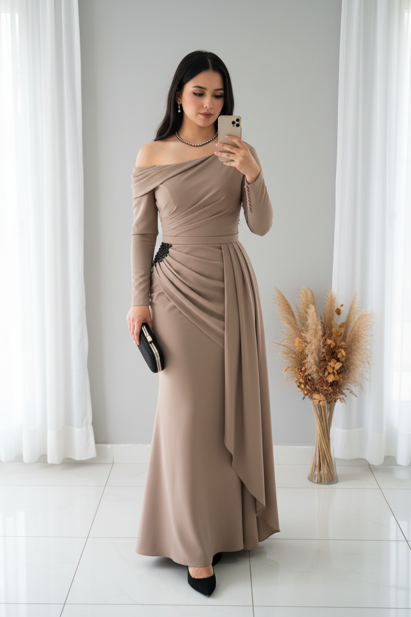 Vestido Taupe Hombro Caído Drapeado V311