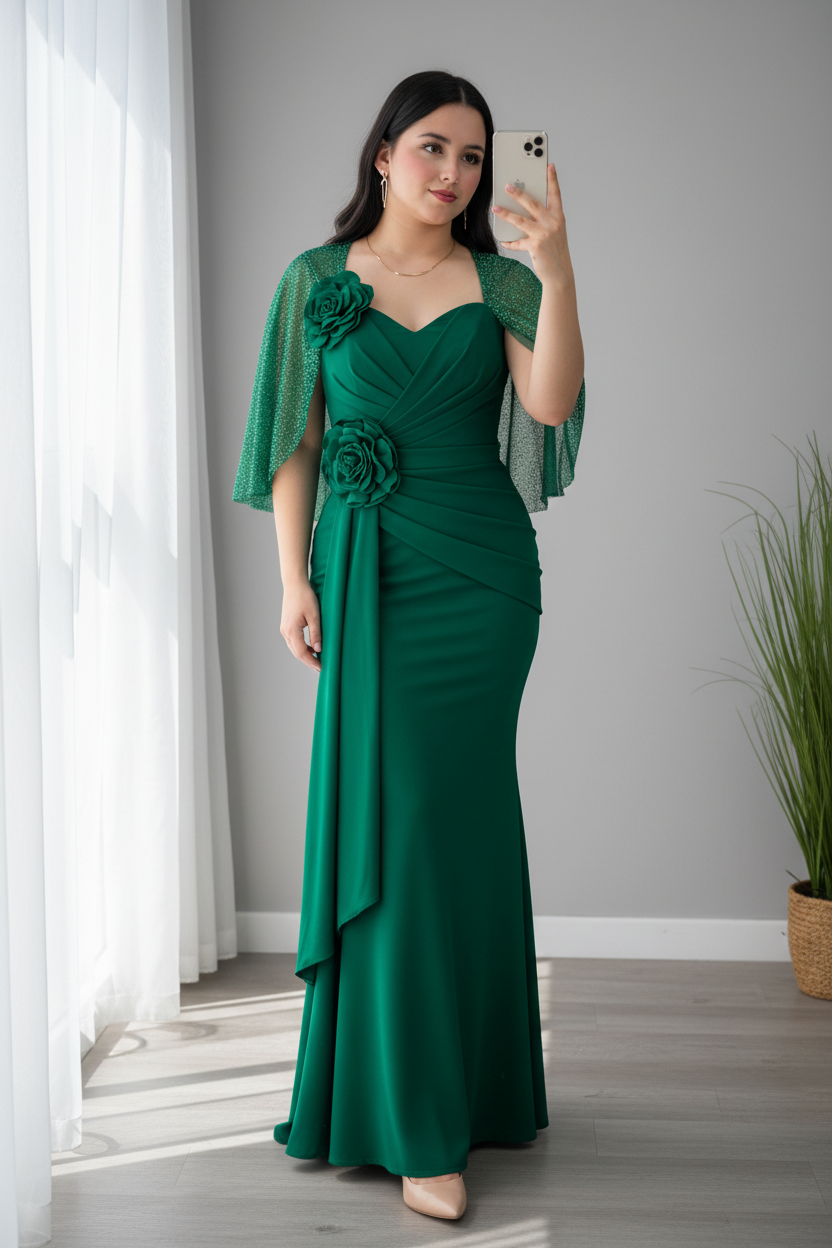 Vestido Verde Esmeralda Sirena con Bolero Tul y Rosas D cod.719