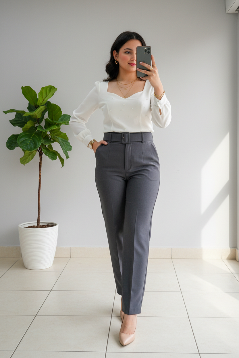 Pantalón Gris Antracita Recto de Tiro Alto con Cinturón cod.421