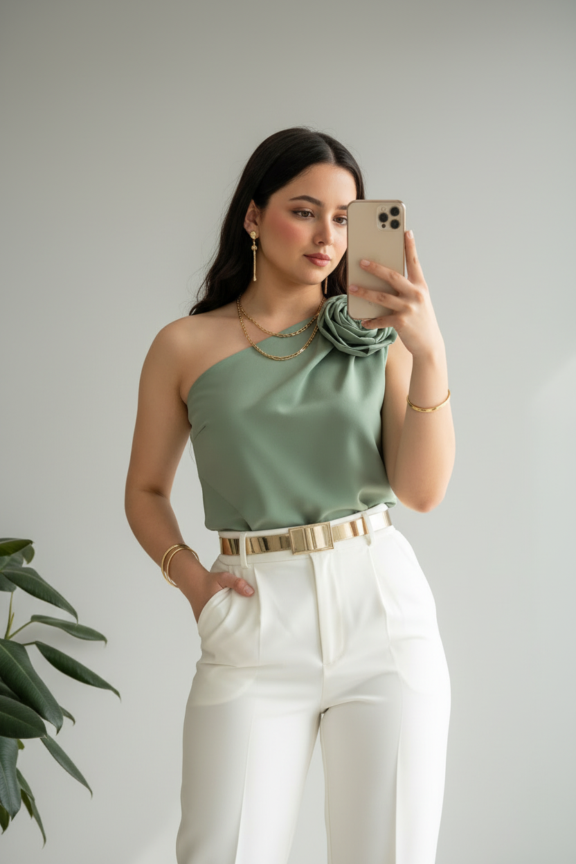 Pantalón Blanco Recto de Tiro Alto con Cinturón Dorado cod.416