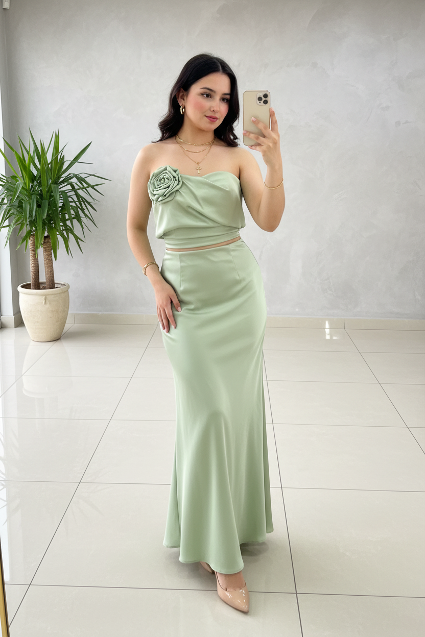 Conjunto Elegante Verde Salvia: Crop Top con Rosa 3D + Falda Sirena - 2 Piezas cod.333