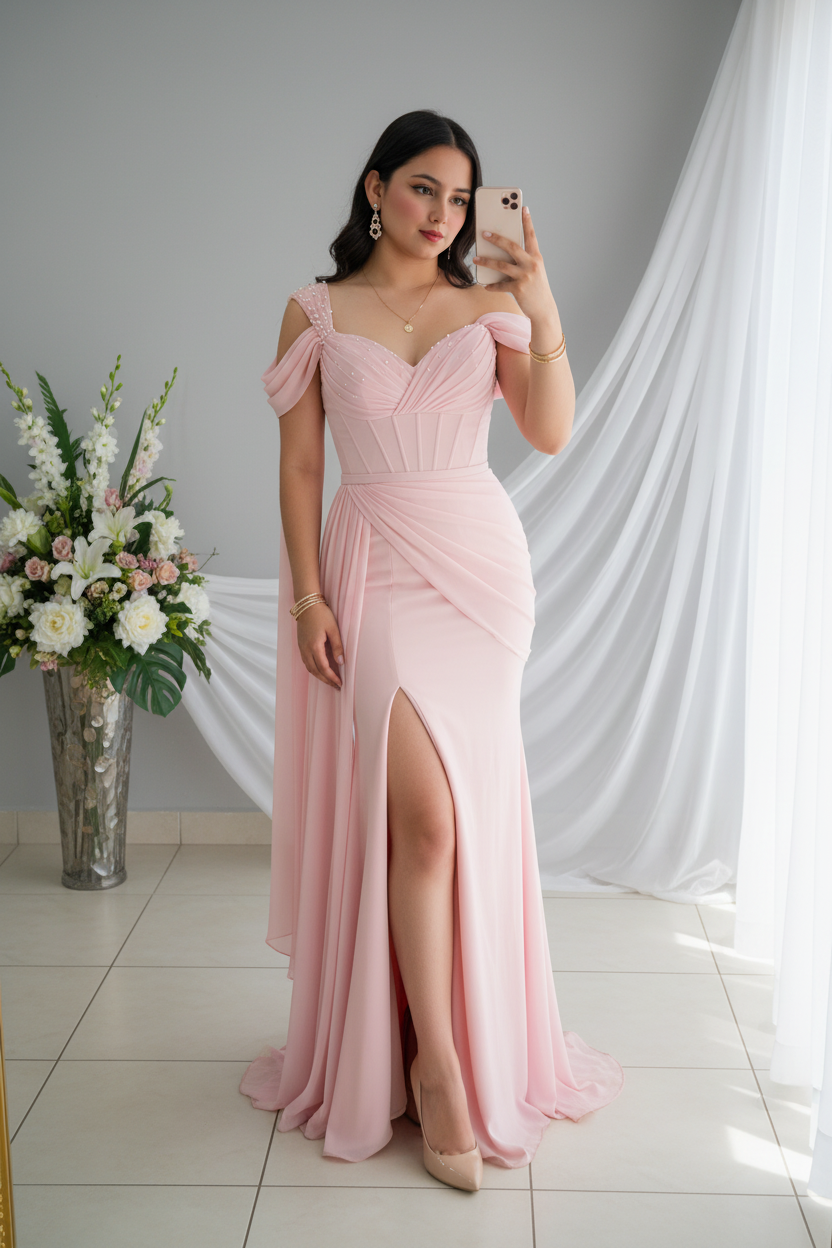 Vestido Rosa Palo Chiffon Off-Shoulder con Abertura Frontal cod.V509
