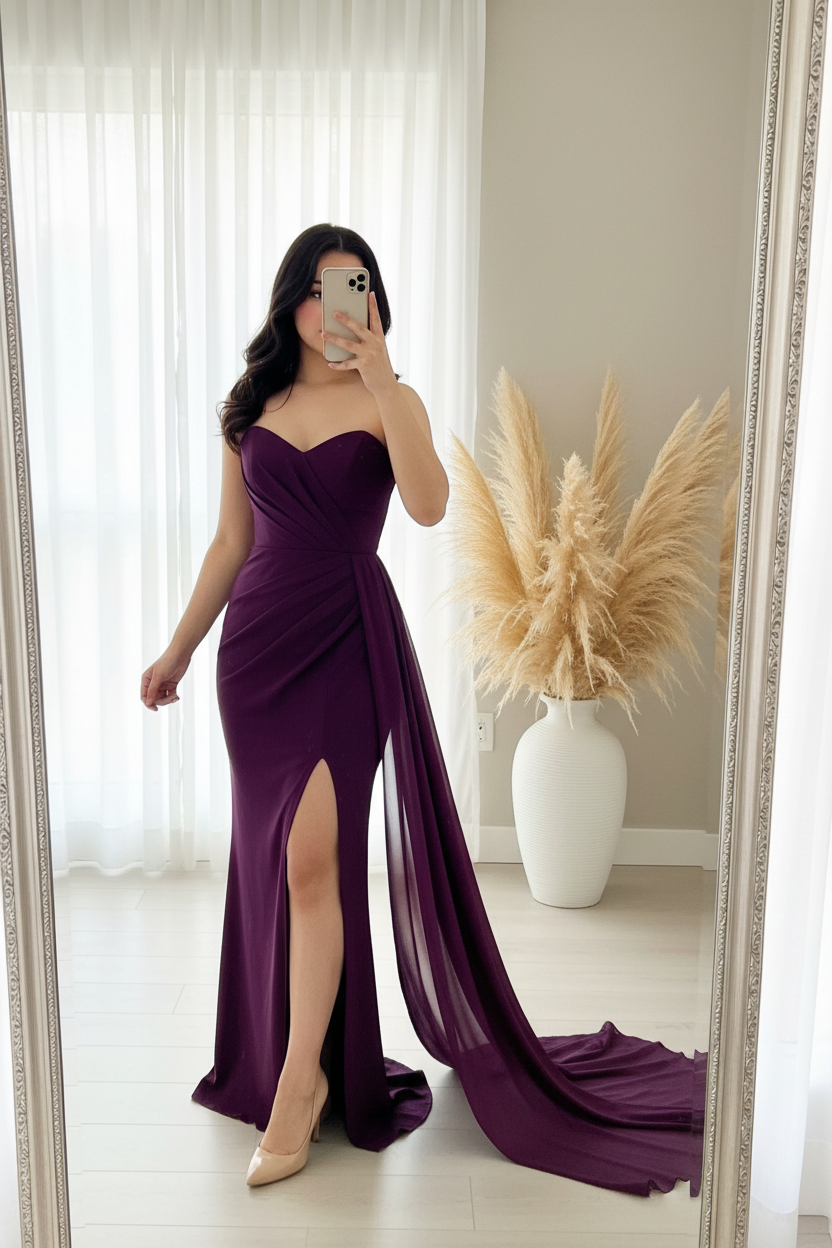 Vestido Morado Ciruela Strapless Sirena Tiras Abertura cod.00104