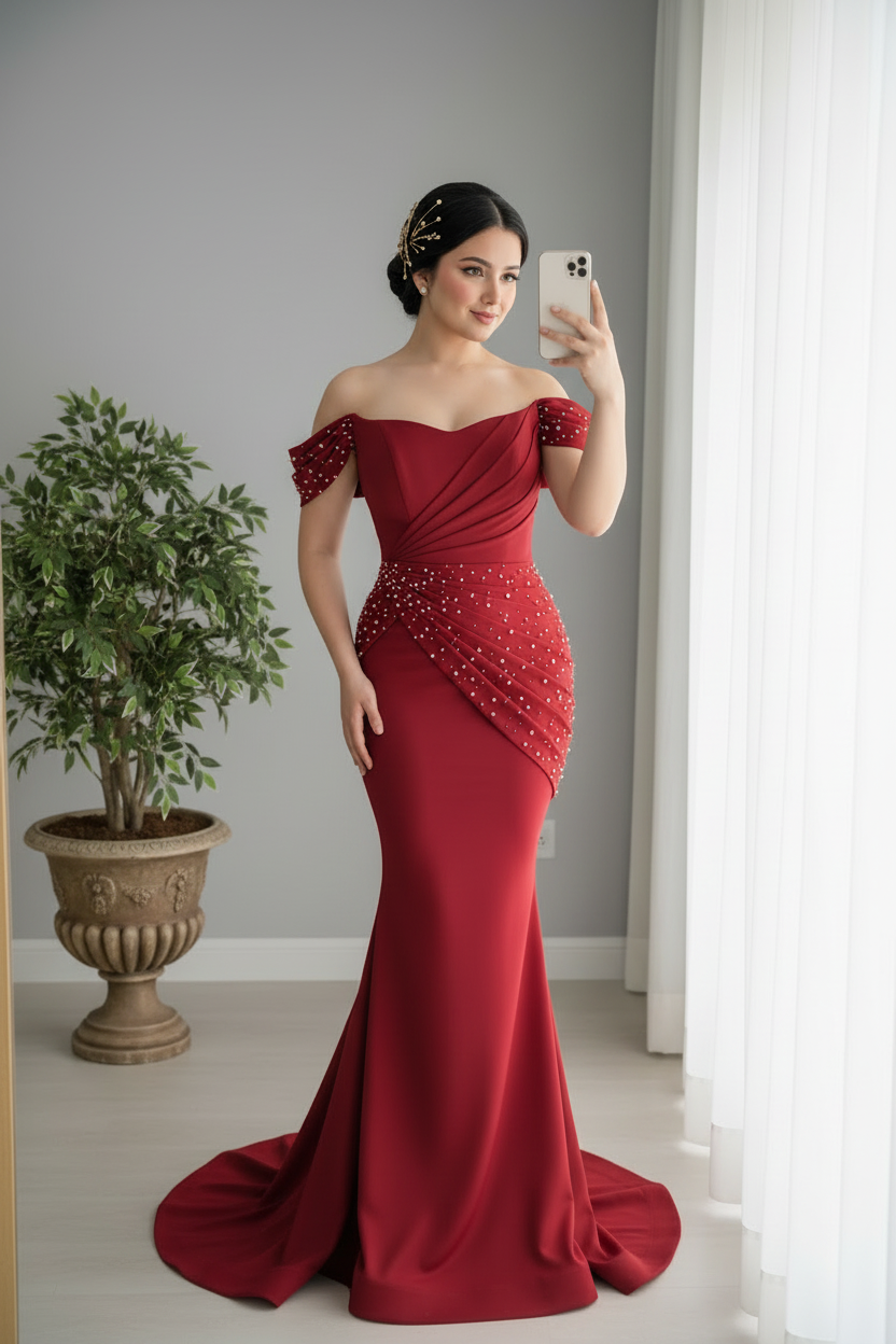 Vestido Rojo Off-Shoulder Perlas Sirena cod.0023
