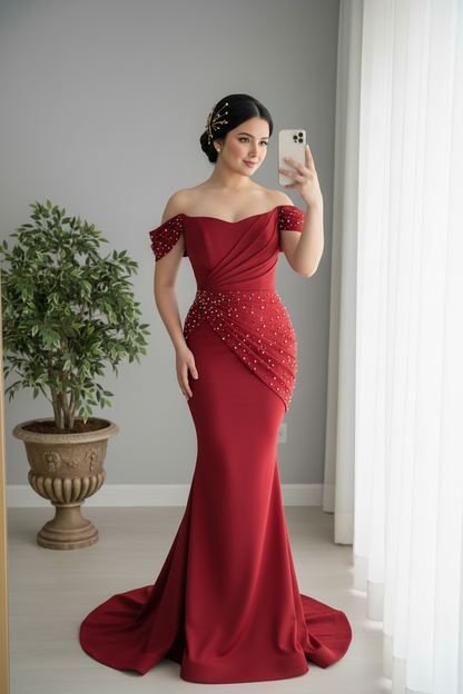 Vestido Rojo Off-Shoulder Perlas Sirena cod.0023