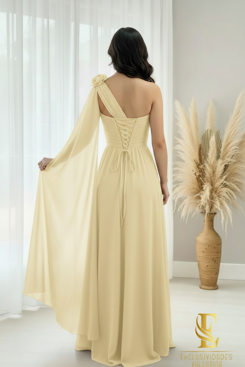 Vestido Amarillo Mantequilla Un Hombro con Rosa 3D cod.V272