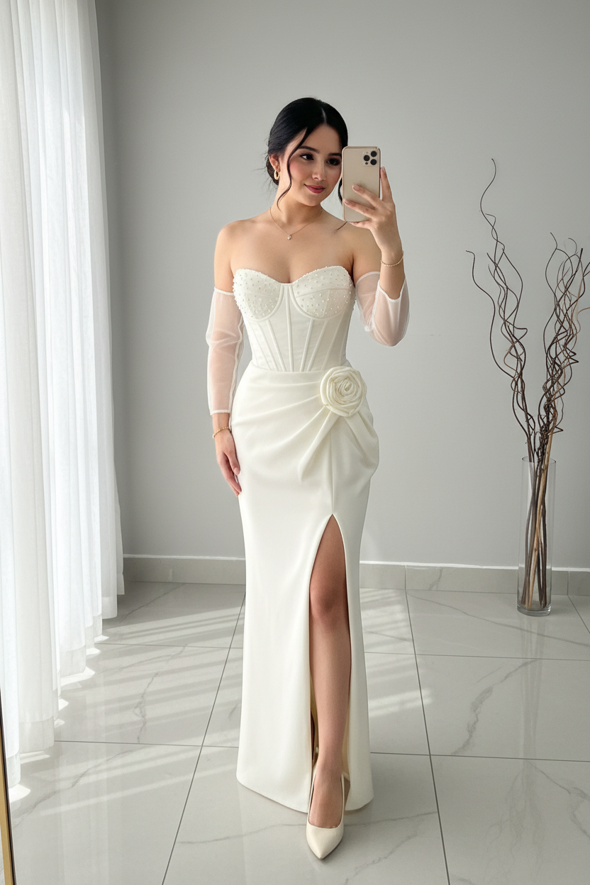 Vestido Blanco Off-Shoulder Corset con Rosa 3D y Abertura cod.V287