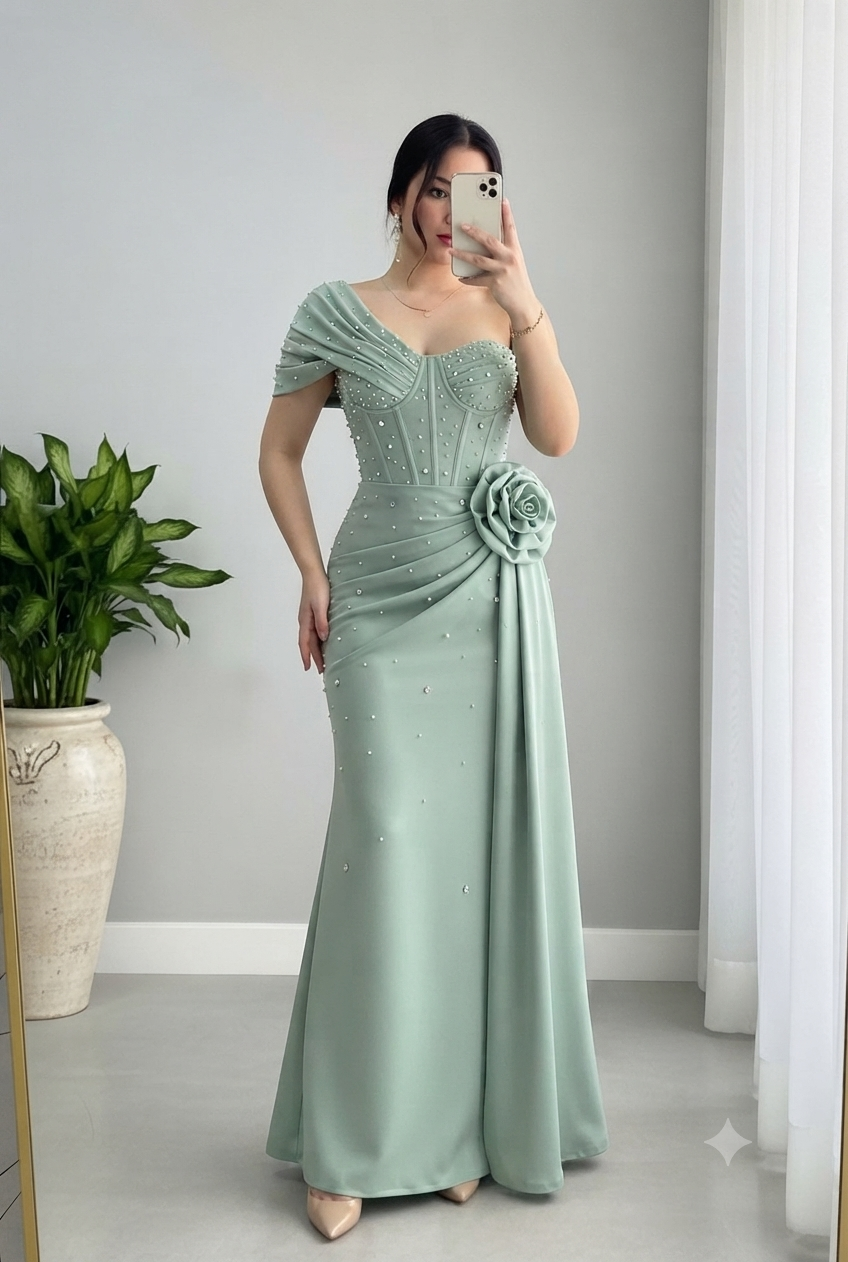 Vestido Verde Salvia Sirena con Corset de Perlas, Rosa 3D y Manga Drapeada cod.V821