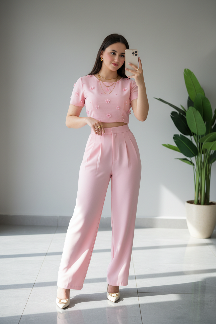 Conjunto Elegante Rosa: Top Crop con Flores 3D + Pantalón Pierna Ancha cod.310