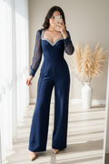 Enterizo Azul Marino Palazzo Manga Tul Pedrería Escote Corazón cod. 00107