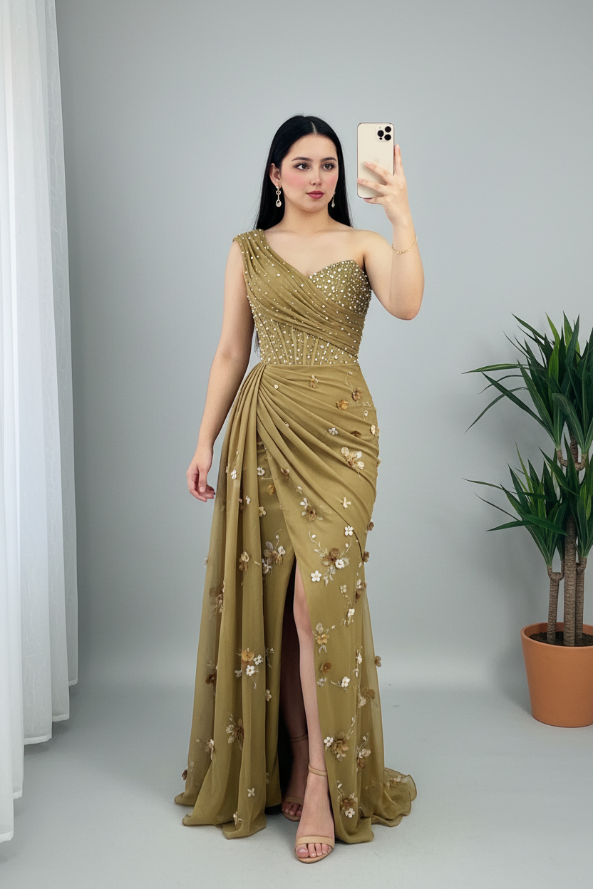 Vestido Dorado Oliva Un Hombro Perlas Flores | VC-014