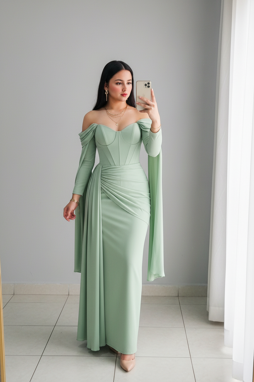 Vestido Verde Menta Off-Shoulder Corset con Mangas Largas Fluidas cod.V533