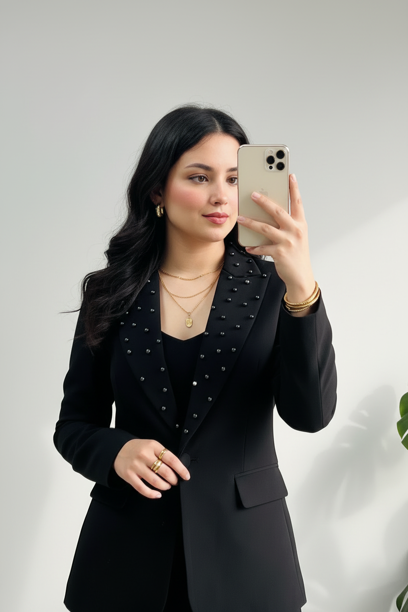 Conjunto Ejecutivo Negro Blazer con Perlas y Pantalón Slim cod.440