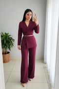 Conjunto 2 Piezas Vino Borgoña Blazer Peplum Asimétrico y Palazzo cod.00143