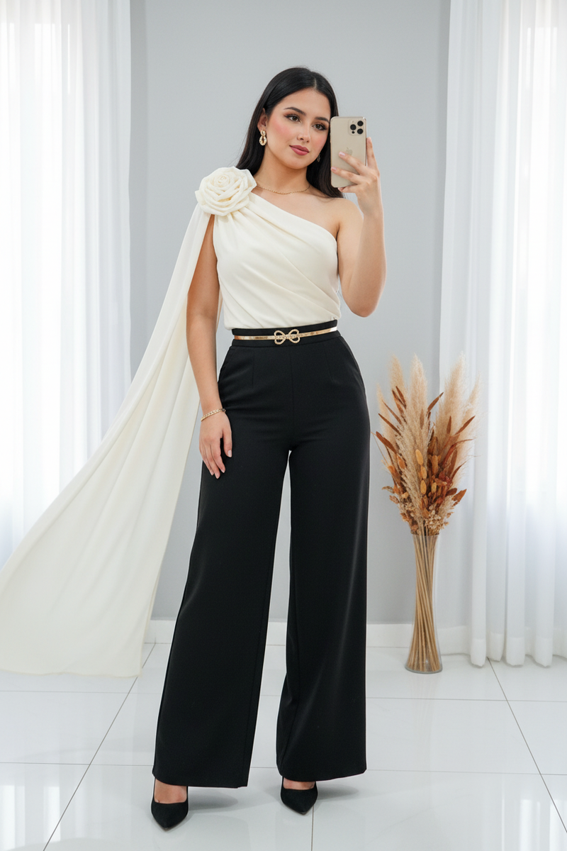 Conjunto Ivory y Negro Top Un Hombro Rosa 3D Capa Tul + Palazzo cod.C300