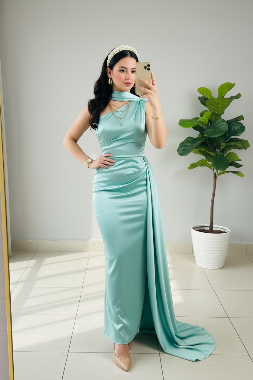 Vestido de Gala Verde Agua con Cuello Halter y Cola - Elegante One Shoulder Largo cod.345