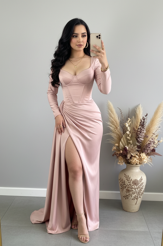 Vestido Sirena Rosa Palo con Corset y Abertura cod.V809