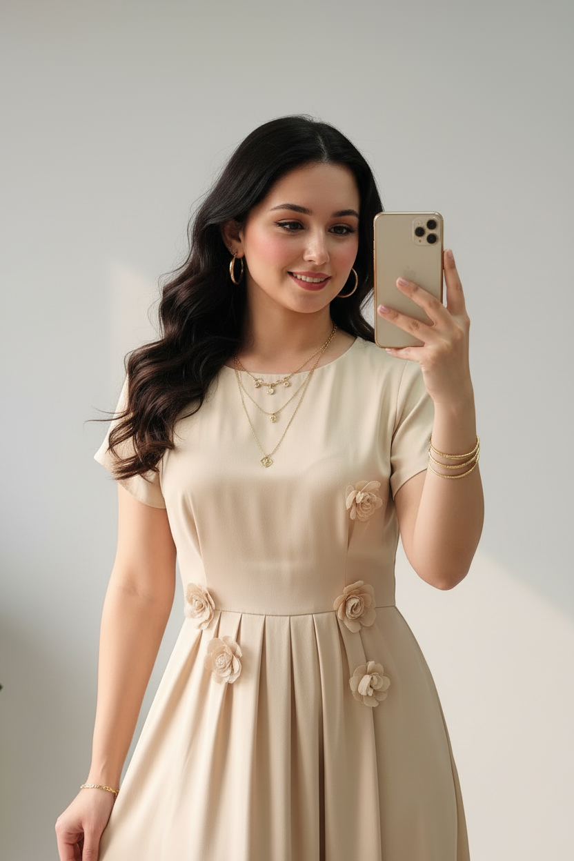 Vestido Largo Beige con Rosas 3D Dispersas cod.410