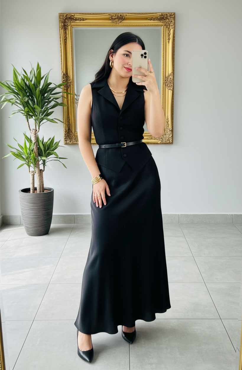 Conjunto Chaleco y Falda Maxi Negro Satinado cod.C400