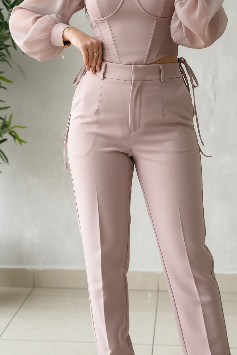 Conjunto Rosa Palo: Top Corset con Mangas Organza y Pantalón Recto cod.412