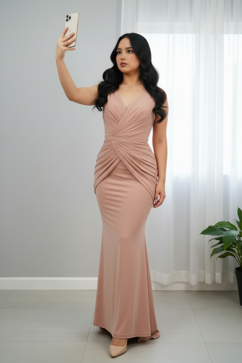 Vestido Nude Rosado Escote V Cruzado con Drapeado Sirena cod.732