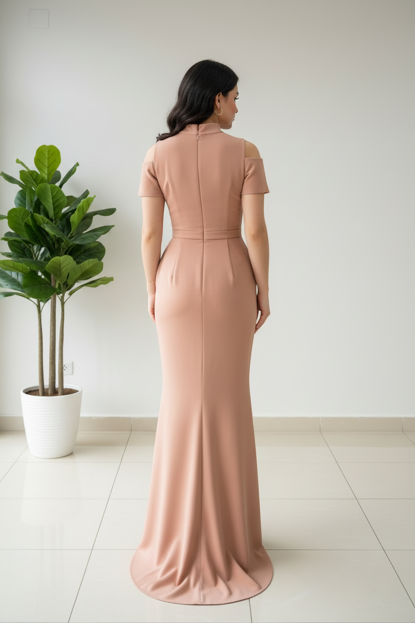 Vestido Sirena Rosa Nude Mock Neck con Cold Shoulder cod.431
