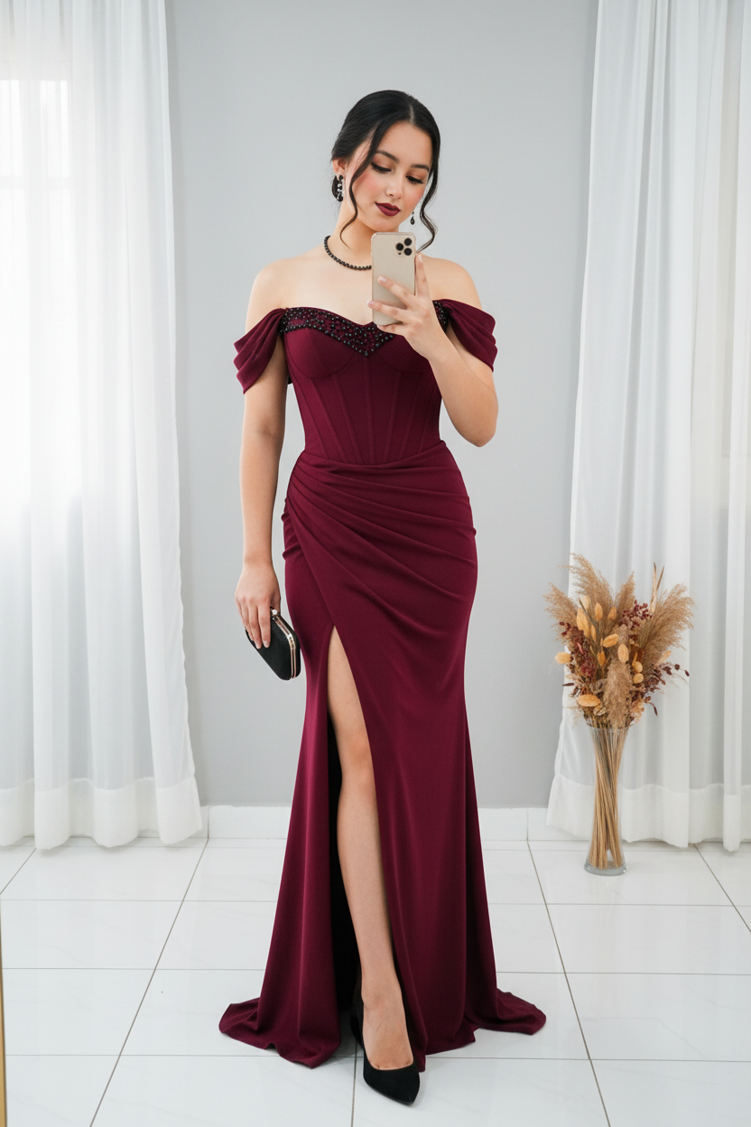 Vestido Borgoña Hombros Caídos Cristales cod.V312