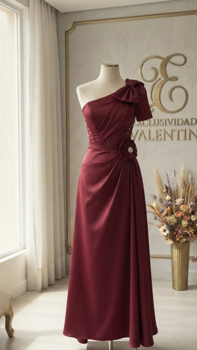 Vestido Vino Un Hombro con Lazo, Rosa 3D y Perlas
