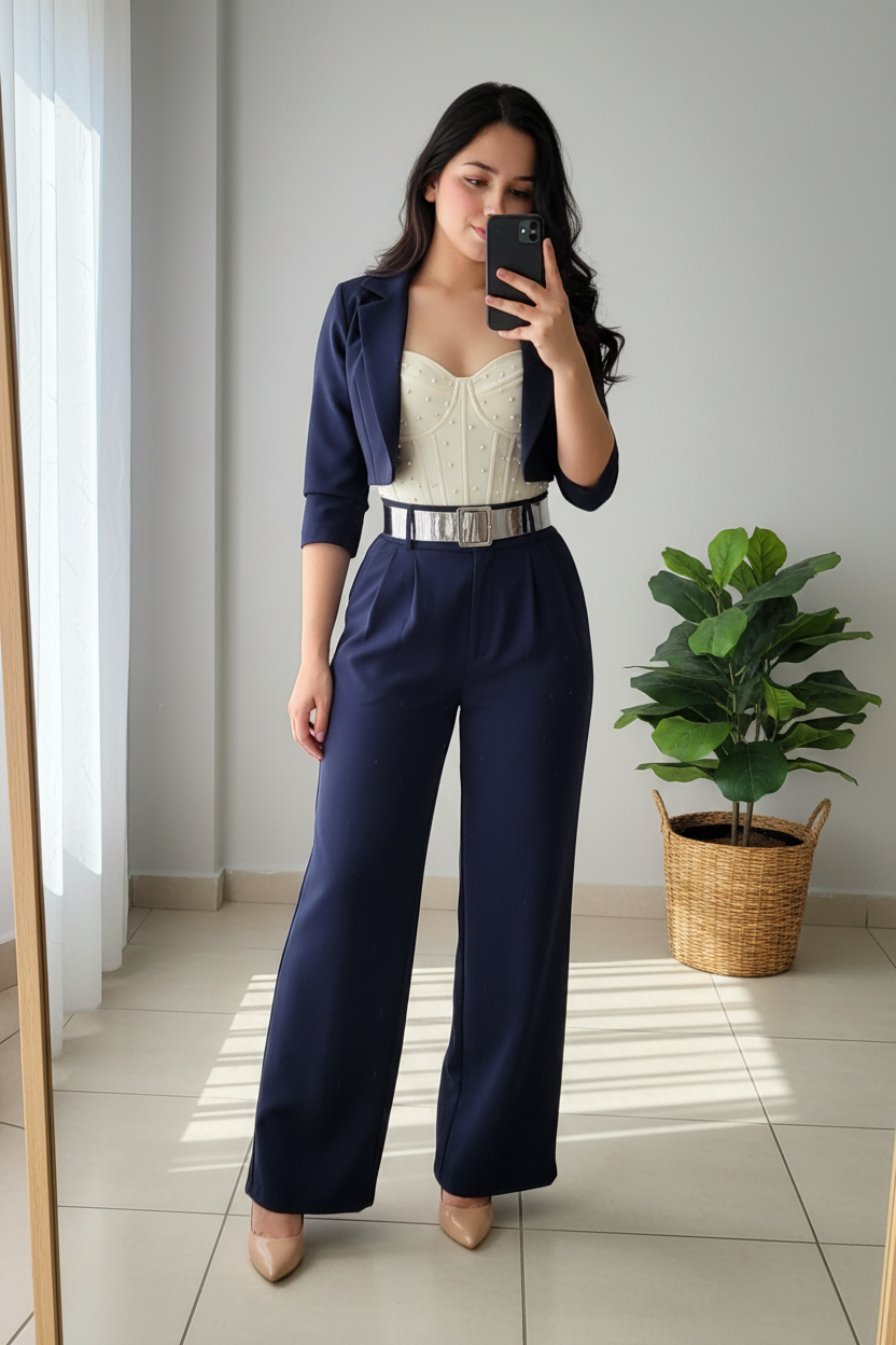 Conjunto 3 Piezas Azul Marino Blazer Bustier Palazzo cod.00127