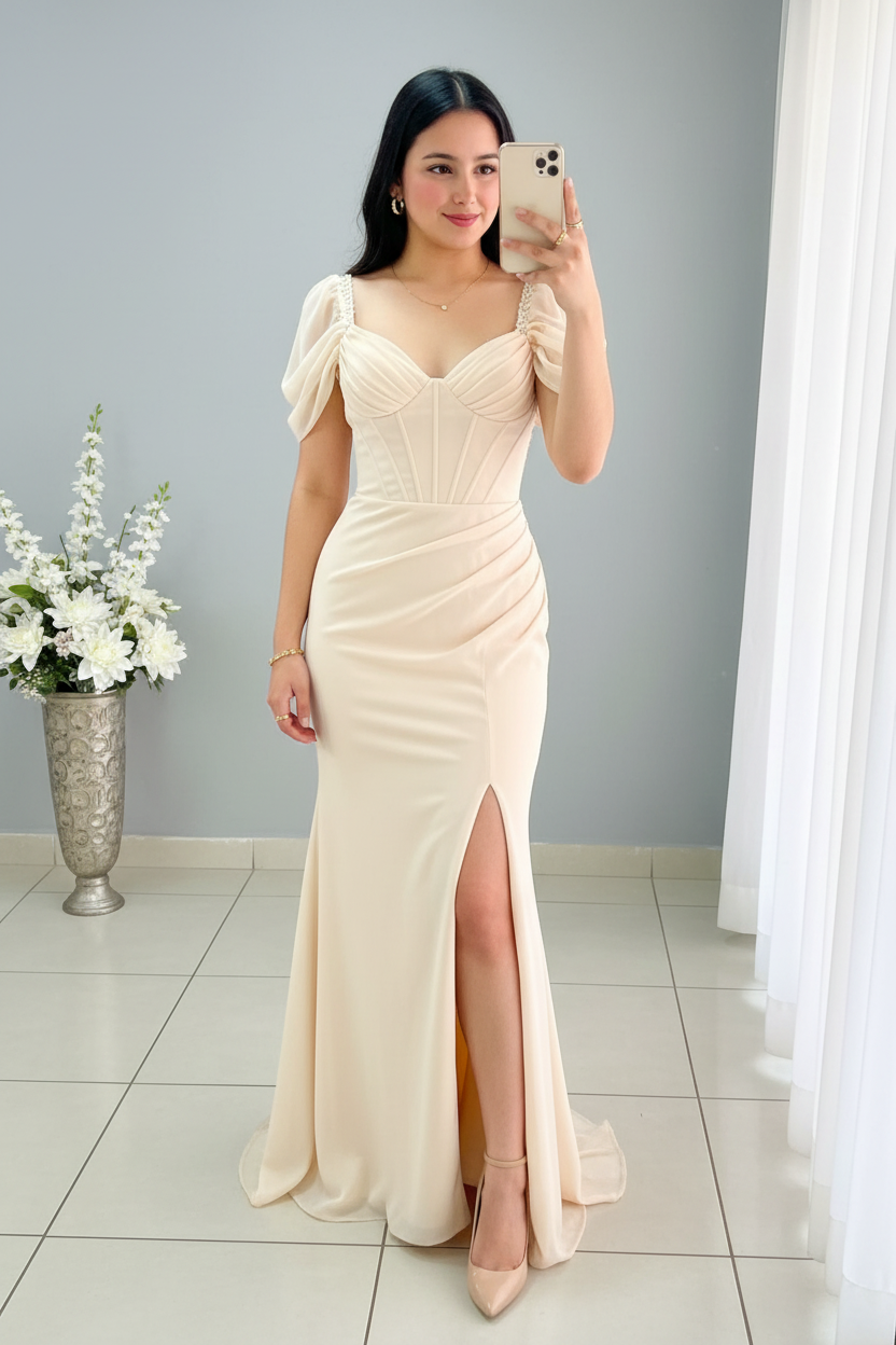 Vestido Sirena Champagne | Corsé con Tirantes de Pedrería y Manga Burbuja cod.V505