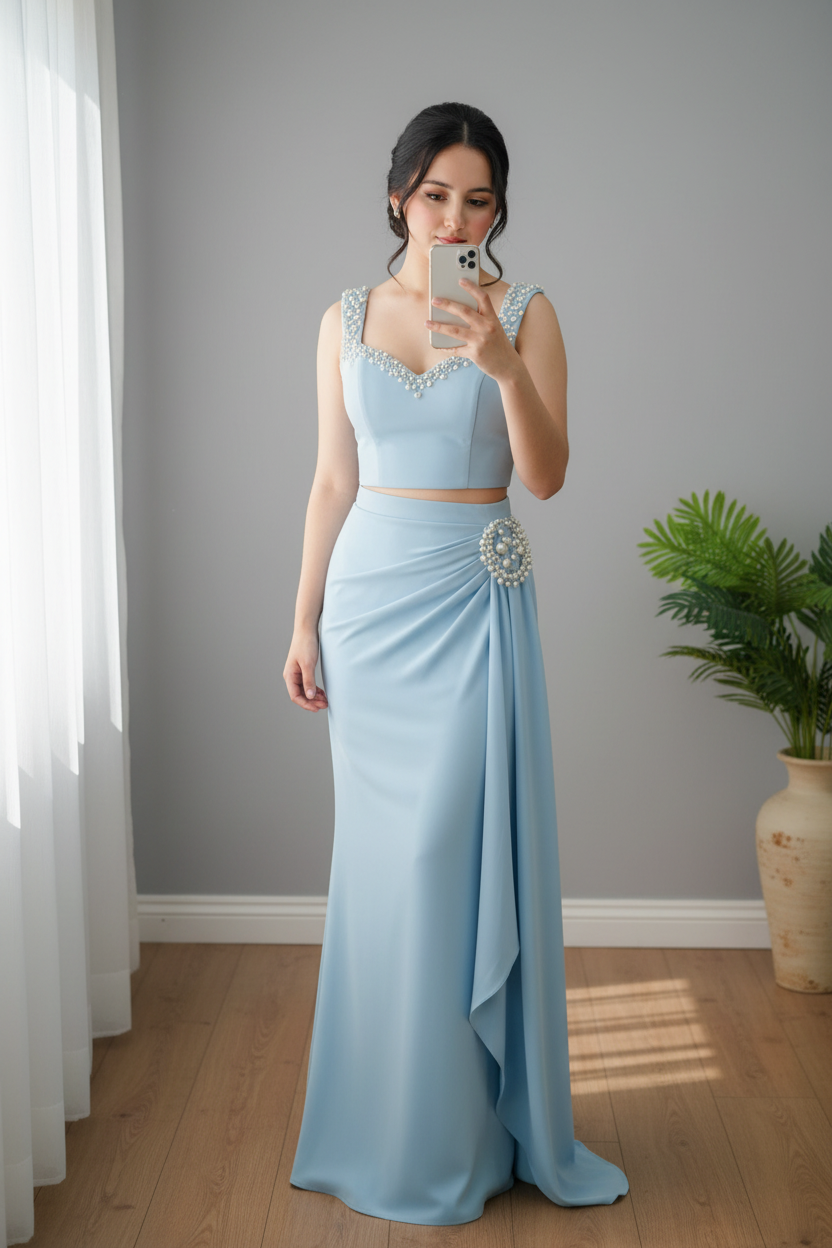 Conjunto Dos Piezas Azul Cielo con Perlas cod. C235