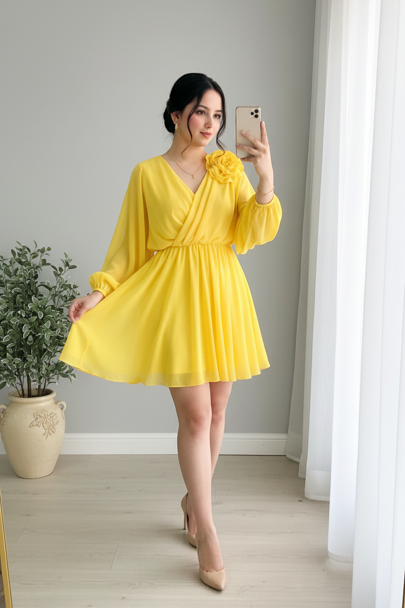 Vestido Amarillo Escote V Cruzado Manga Globo Rosa 3D Falda Chifón cod.940