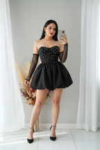 Vestido Negro Strapless Perlas Mangas Tul falda bombacha cod.V317