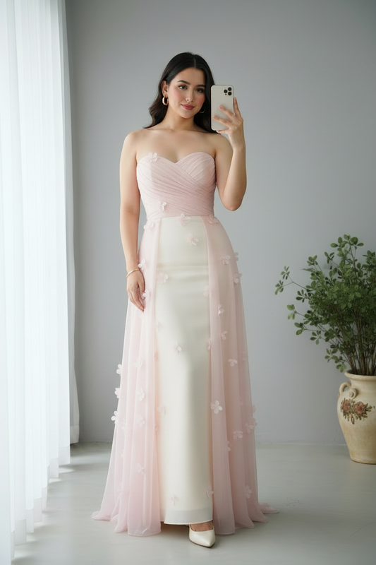 Vestido Rosa Palo Strapless con Flores 3D y Tul cod.V665