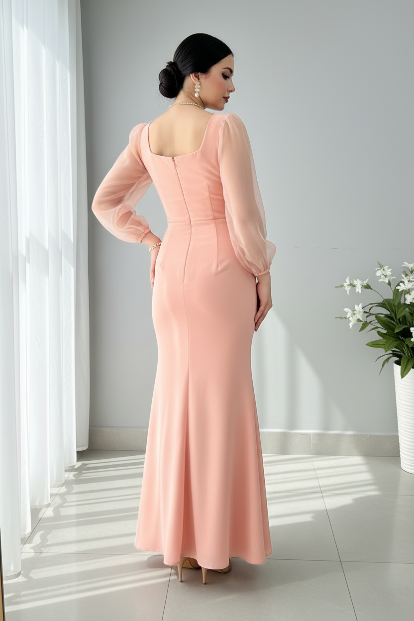 Vestido Sirena Rosa Palo — Escote Corazón, Botones Dorados, Manga Tul & Rosa 3D Cintura cod.887