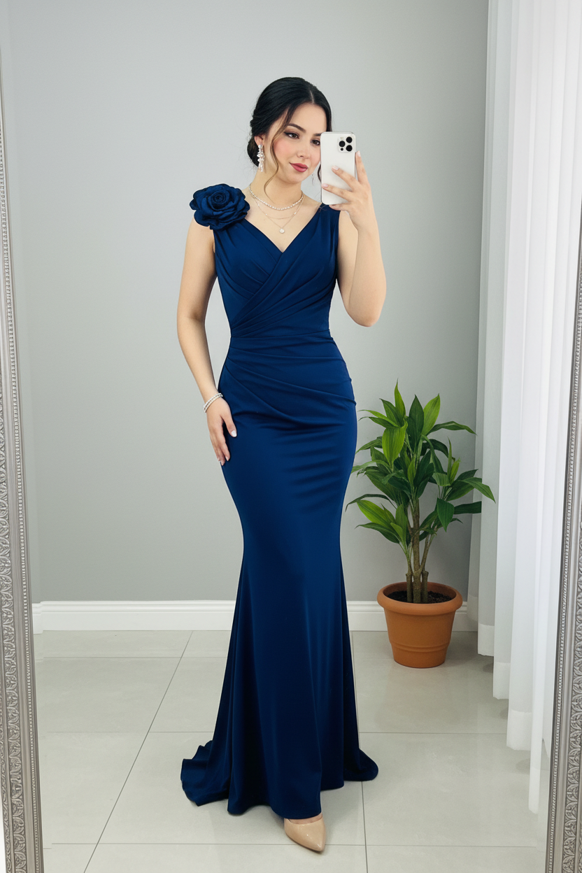 Vestido Sirena Azul Marino — Escote V Cruzado, Rosa 3D en Hombro & Cola cod.892