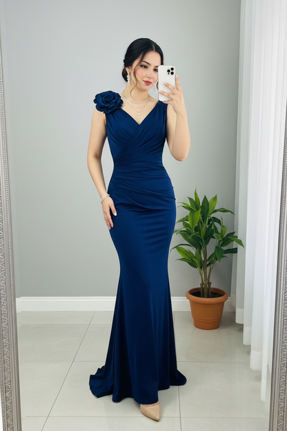 Vestido Sirena Azul Marino — Escote V Cruzado, Rosa 3D en Hombro & Cola cod.892
